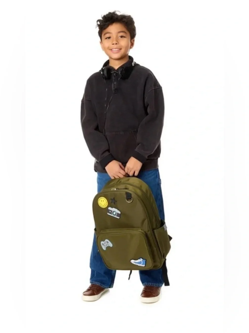 NWT Locker Club Kids 16L Nylon Backpack Green w/ Headphone Pencil Pouch